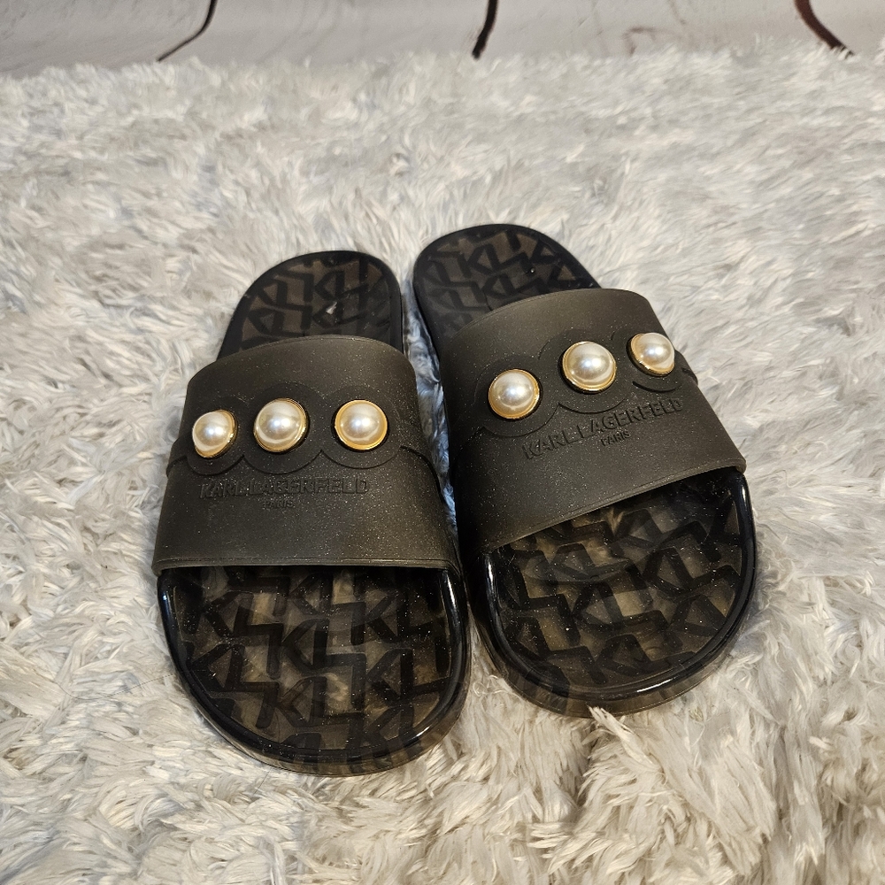 Karl Lagerfeld Paris Black Pearl Embellished‎ Slides Sandals Womens